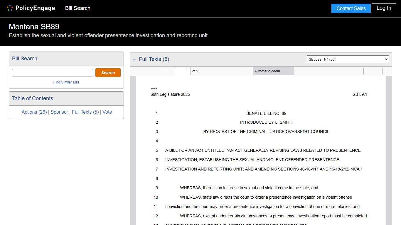 SB89 Montana 2025-2026 Establish the sexual and violent offender presentence investigation and reporting unit - Legislative Tracking PolicyEngage